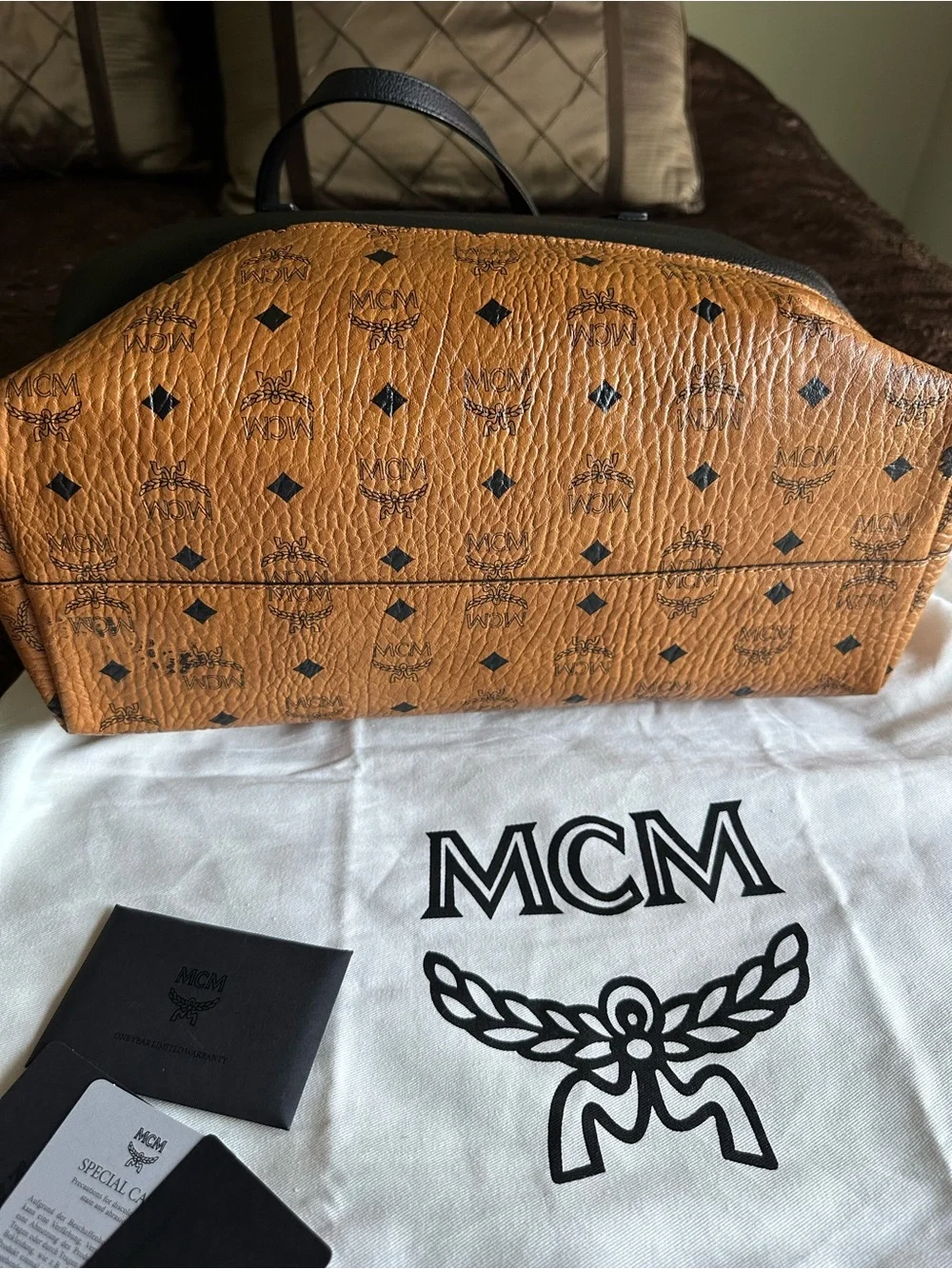 MCM Visetos Tote with Black and Cognac Leather Detailing